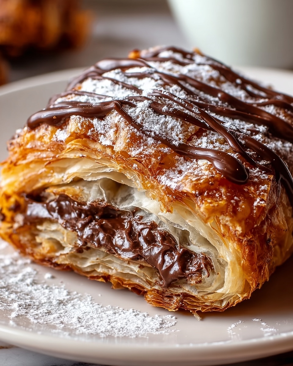 A close-up of a flaky, layered pastry with a golden-brown crust sits on a white plate with a white marbled texture background. The pastry has multiple thin, crispy layers that are airy inside, and it is filled with a rich, dark chocolate filling visible in the middle. On top, there are thick, glossy chocolate drizzles and a light dusting of powdered sugar that add a shiny and textured contrast to the crust. The photo focuses on the side of the pastry where the layers and filling are clearly seen, making it look soft and crunchy. photo taken with an iphone --ar 4:5 --v 7