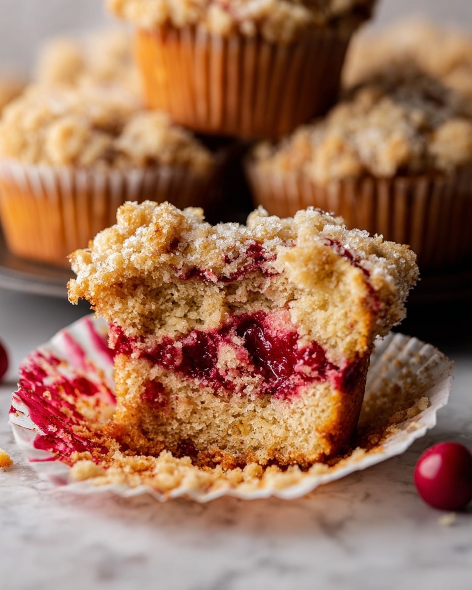 A close-up of a muffin with a bite taken out, showing three layers: a moist light brown base layer, a middle layer of bright red fruit filling, and a crumbly pale beige streusel topping sprinkled all over. The muffin is sitting on its white paper liner which is partly opened and stained with red fruit juice. A single red berry lies next to the muffin on a table with a white marbled texture. In the blurred background, more muffins with the same crumbly tops are stacked, adding depth to the image. Photo taken with an iphone --ar 4:5 --v 7