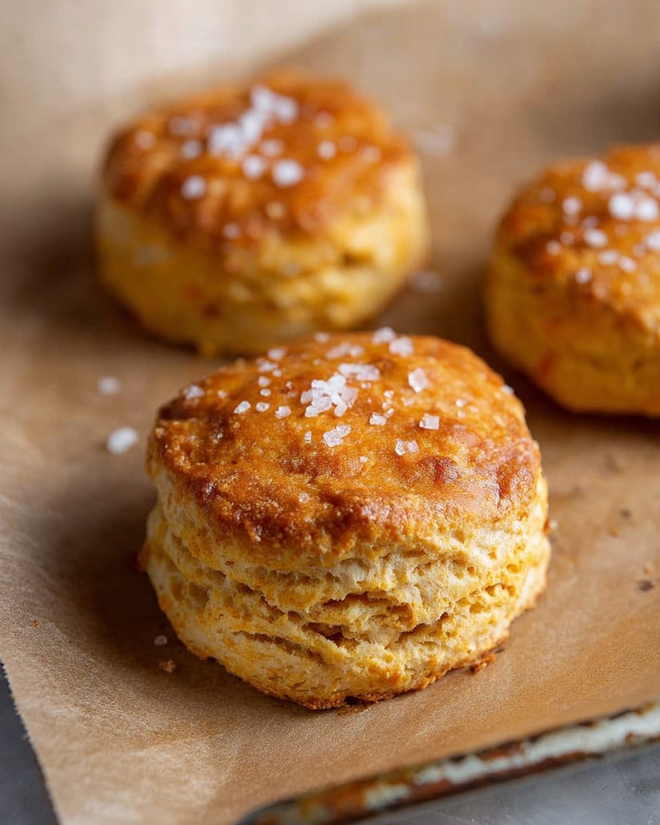 The image shows three thick, round biscuits with a golden brown top, scattered with coarse salt crystals, resting on brown parchment paper. Each biscuit appears to have a rough, crumbly texture with visible layers indicating a flaky interior. The parchment paper lies on a worn, silver baking tray, and the background is softly blurred to keep the focus on the freshly baked biscuits. The overall color scheme is warm with golden and light brown hues. photo taken with an iphone --ar 4:5 --v 7