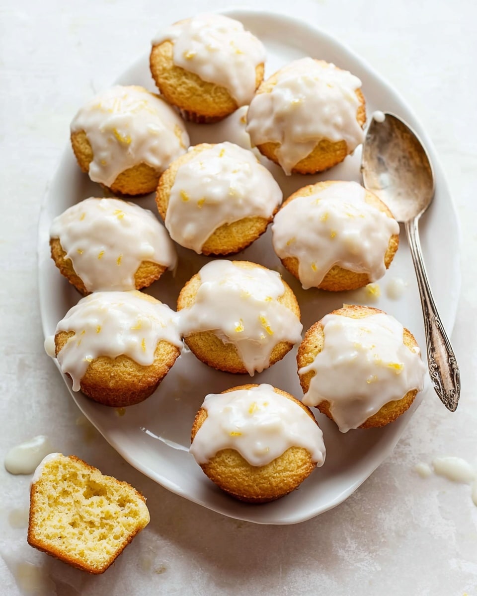 A white plate with nine small muffins, each topped with a thick layer of white icing that is slightly dripped down the sides, showing the golden brown muffins beneath. The muffins are arranged in a loose cluster, and a vintage silver spoon with remaining icing lies on the right side of the plate. One muffin is broken in half and placed at the bottom left corner on a white marbled surface, displaying its soft yellow inside. The overall feel is light and fresh with soft natural lighting. photo taken with an iphone --ar 4:5 --v 7