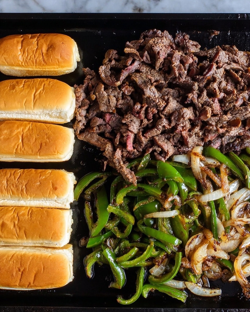 The image shows a black cooking surface with three distinct sections: on the left are five golden toasted sandwich buns lined up vertically; in the middle is a large pile of finely chopped, cooked-looking beef with a mixture of brown and slightly pink colors; on the right side are sautéed green bell pepper strips mixed with caramelized light brown onion slices, both slightly shiny from cooking oil. The background is a white marbled texture. photo taken with an iphone --ar 4:5 --v 7