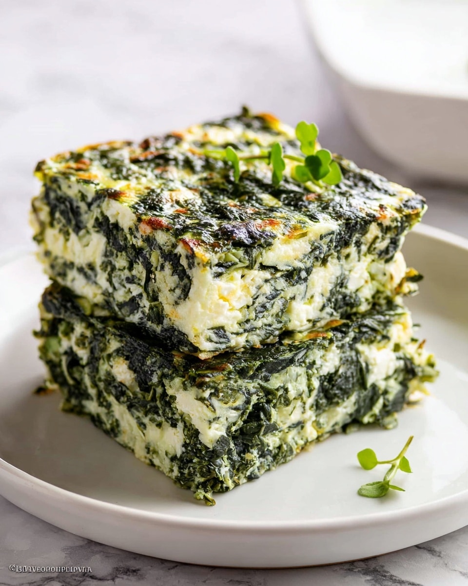 Two square layers of green and white spinach casserole sit on a white plate with a white marbled texture surface beneath. Each layer shows a mix of finely chopped dark green spinach and creamy white cheese or egg, giving a soft, slightly rough texture. The top layer is decorated with a small sprig of fresh green herbs, adding a pop of color. The edges are clean-cut, and the dish looks moist and slightly dense. Photo taken with an iphone --ar 4:5 --v 7