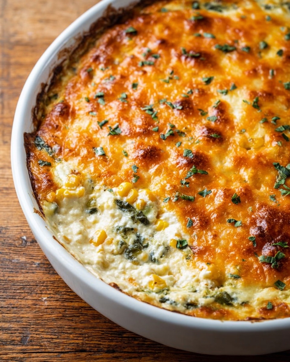 This image shows a baked dish in a white, round casserole dish on a wooden table. The dish has two visible layers: the top is a golden-orange bubbly melted cheese with browned spots and sprinkled with chopped green herbs. The bottom layer looks creamy white with mixed vegetables including yellow corn and green spinach pieces, giving it a thick and textured look. The edges have some browned cheese and a few melted spots blending between the layers. The casserole dish edge is slightly messy with some of the creamy layer sticking to it. Photo taken with an iphone --ar 4:5 --v 7