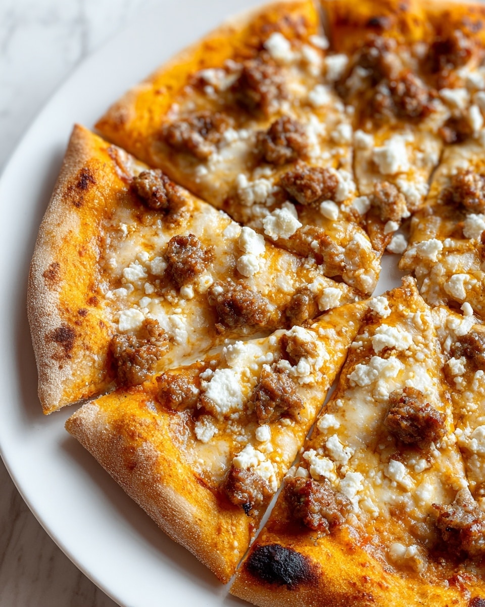 A close-up view of a sliced pizza on a white plate with a white marbled background, showing a thin, golden-brown crust with slight charring on the edges. The pizza has a base layer of bright orange tomato sauce beneath a thick, melted layer of light creamy mozzarella cheese. Scattered generously on top are browned sausage pieces with a coarse texture and small white chunks of soft feta cheese, adding contrast and extra texture across the entire pizza. The slices are neatly cut with visible cheese pull and sausage clusters on each piece. Photo taken with an iphone --ar 4:5 --v 7