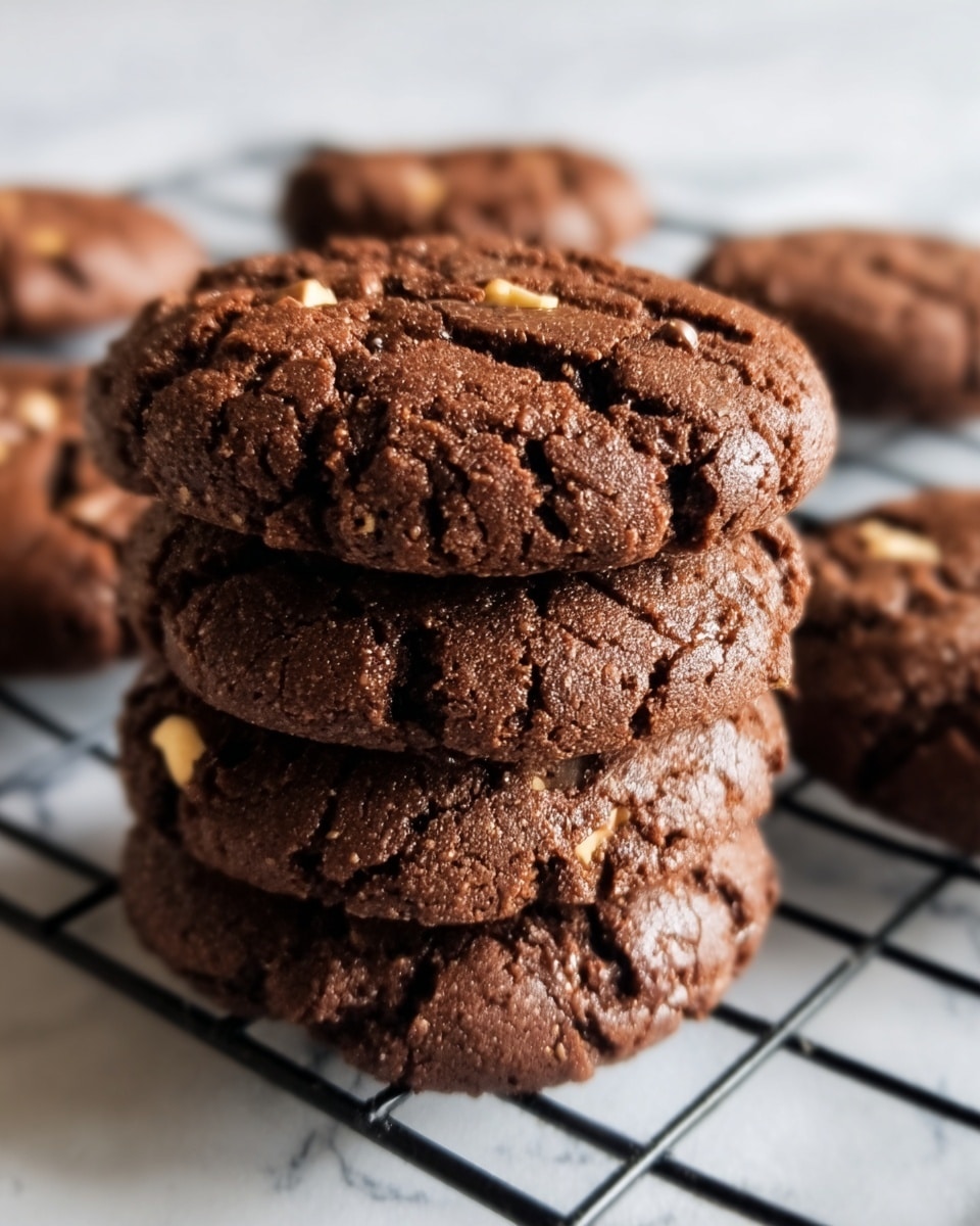 A stack of three thick, round chocolate cookies sits in the center of a black cooling rack on a white marbled surface. The cookies are dark brown with a rough, cracked texture on top, showing a slightly soft inside with visible small chunks of nuts. Around the stack, there are more cookies spread out on the cooling rack, all matching in color and texture. The lighting emphasizes the rich, dense look of the cookies. photo taken with an iphone --ar 4:5 --v 7