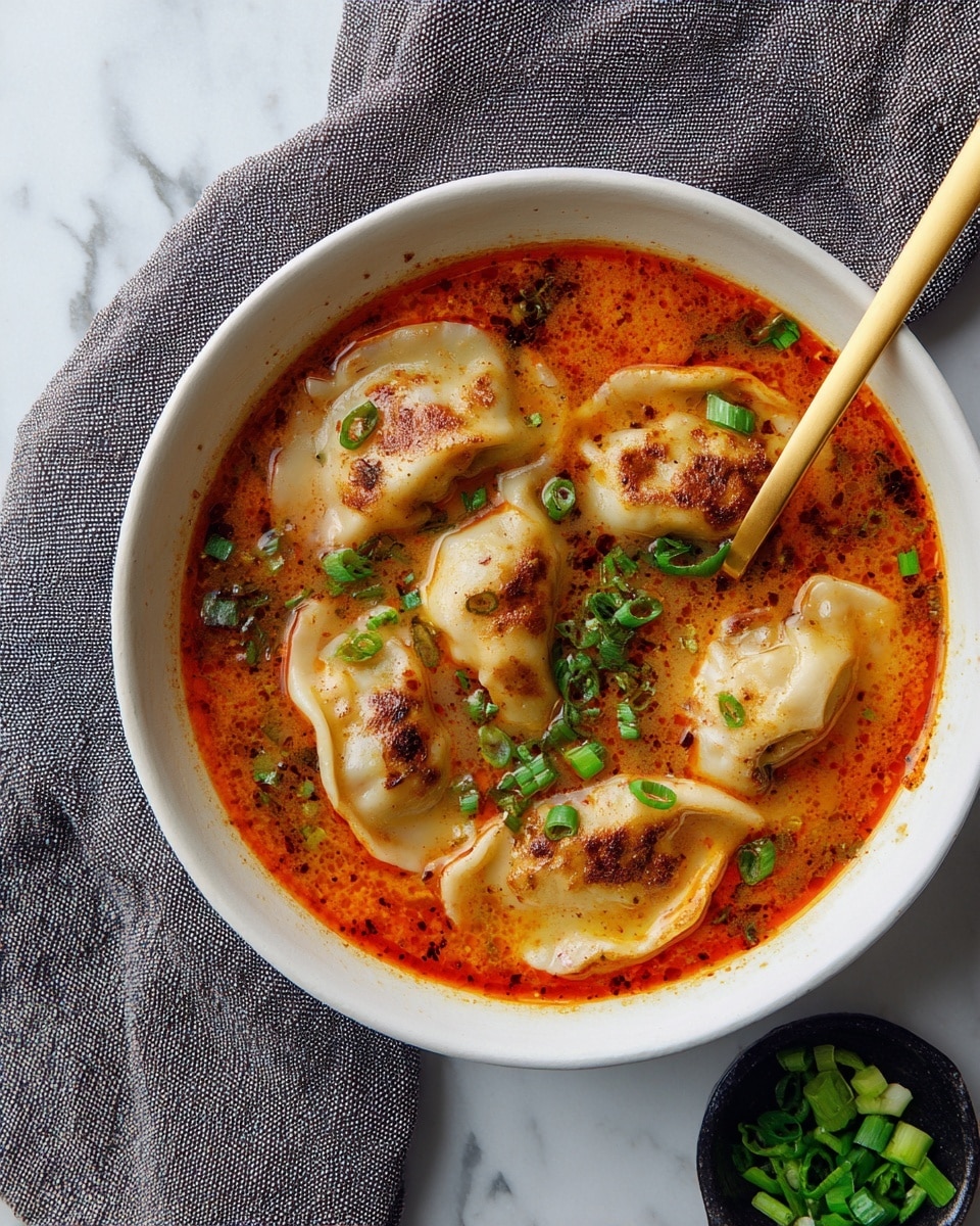 A white bowl filled with five dumplings floating in a rich, orange-red spicy broth with visible oil droplets on the surface. The dumplings have a pale, slightly translucent skin with a smooth texture and some grill marks on a few. Chopped green onions are sprinkled over the broth and dumplings for a fresh green contrast. A golden spoon is placed inside the bowl on the right side. Under the bowl is a gray cloth, and on the bottom right corner, there is a small dark bowl holding extra chopped green onions. The scene is set on a white marbled surface. photo taken with an iphone --ar 4:5 --v 7