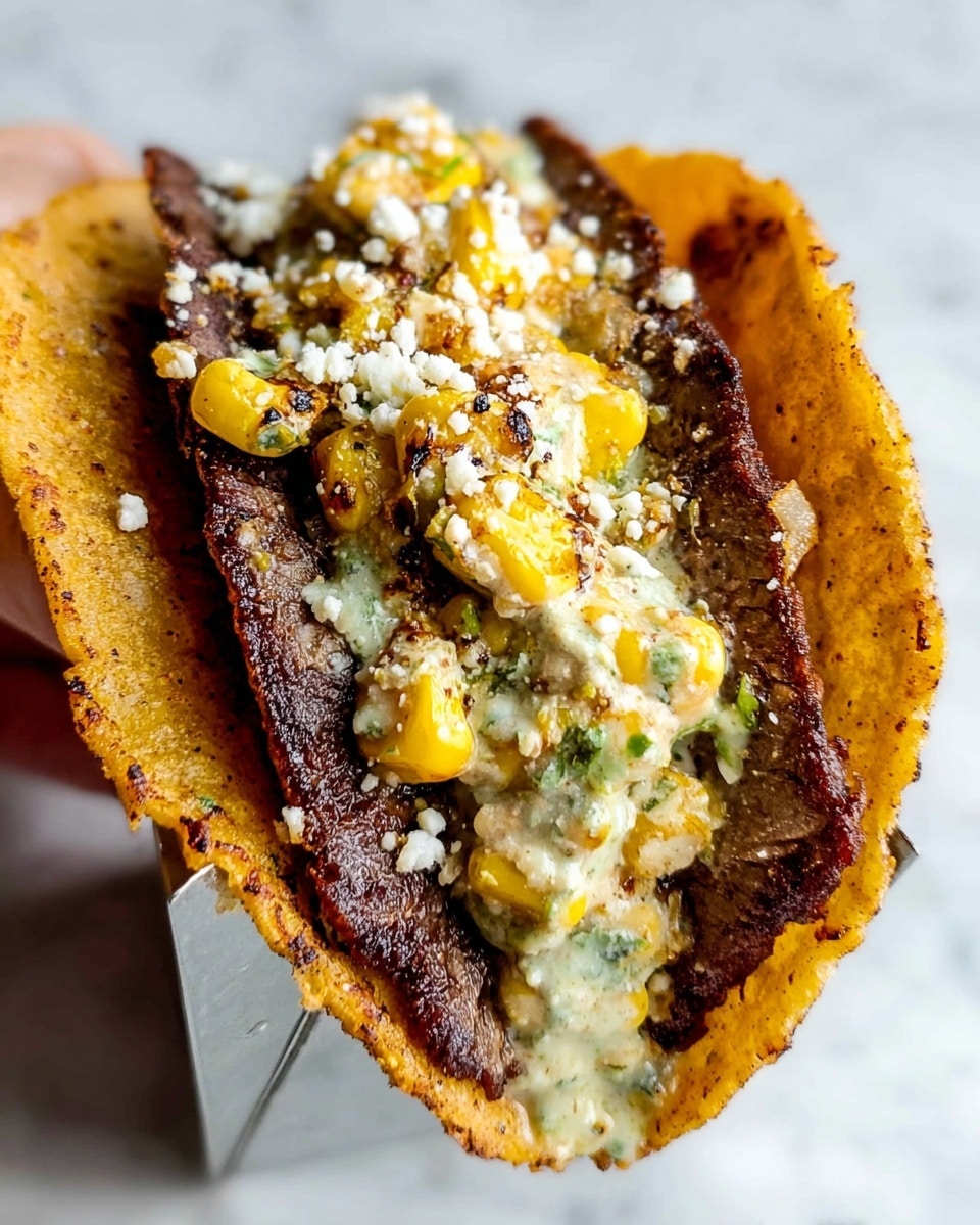A close-up image shows a taco held in a silver taco holder on a white marbled surface. The taco has one slightly browned, crispy corn tortilla filled with two thick, dark brown grilled or fried meat strips on each side. In the center, there is a creamy mixture with yellow and black-speckled grilled corn kernels, coated in a light greenish-white sauce with visible herbs. The mixture is sprinkled with white crumbly cheese over the top. The photo taken with an iphone --ar 4:5 --v 7