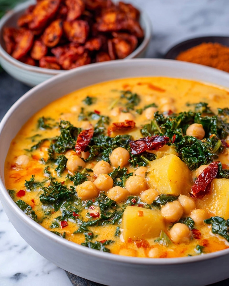 A deep white bowl filled with a thick orange-yellow stew featuring several layers: light beige chickpeas scattered throughout, dark green kale leaves adding texture, chunks of soft yellow potatoes, and pieces of dark red sun-dried tomatoes. The stew has a creamy texture with small bits of spices floating, visible as tiny red flakes. In the background, on a white marbled surface, there is a smaller white bowl containing reddish-brown fried or roasted pieces. The image captures a close-up view that highlights the rich colors and thickness of the stew. Photo taken with an iphone --ar 4:5 --v 7