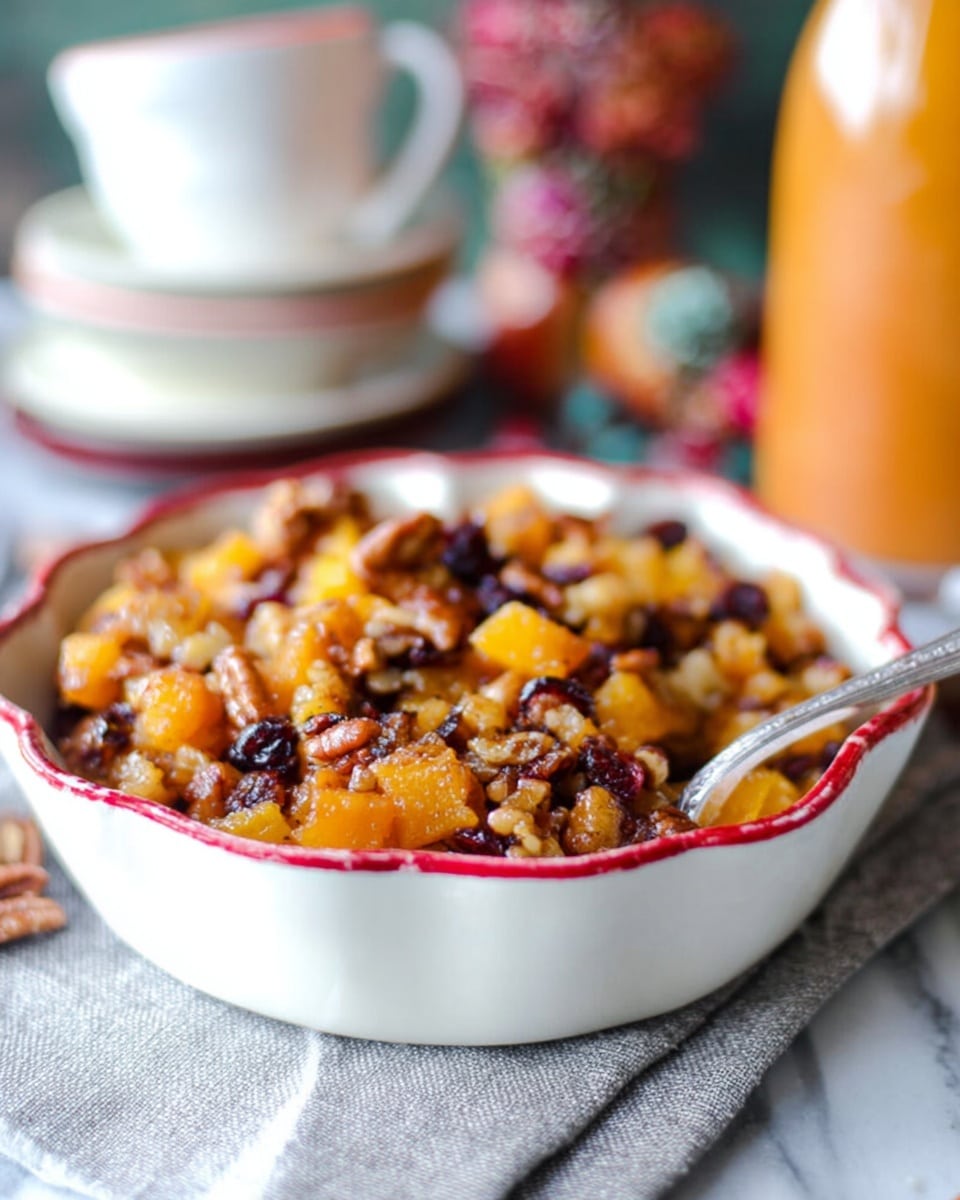A white bowl with a wavy edge and a red rim is filled with a warm dish made of several layers of chopped orange and light brown cubes that look soft and cooked. Mixed within these cubes are dark brown pecans and small dark red dried berries, all coated in a shiny glaze that makes the food look sticky and sweet. A spoon is sticking into the dish on the right side, ready to serve. The bowl is set on a white marbled surface with a small part of a gray cloth visible below it in the front. In the blurred background, there are two stacked white bowls and an orange cup on top, along with some out-of-focus colorful decoration and a white bottle. Photo taken with an iphone --ar 4:5 --v 7