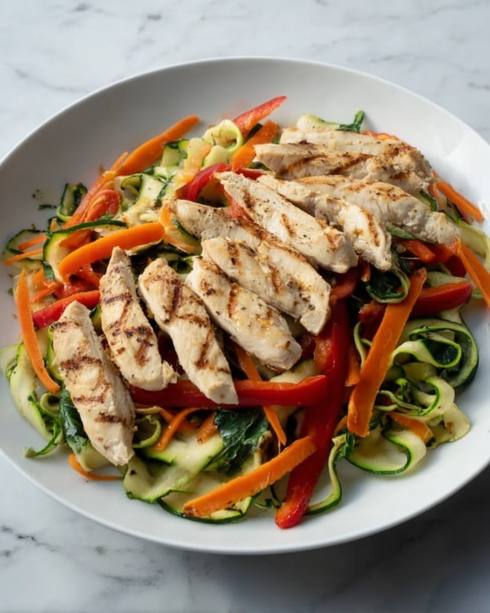 A white round-edged plate sits on a white marbled surface, holding a bed of colorful mixed vegetables as the bottom layer, including bright orange carrot sticks, red bell pepper slices, light green zucchini spirals, and wilted leafy greens. On top, there are six slices of grilled chicken breast, light golden-brown with grill marks, placed in a slightly overlapping row across the center of the vegetables. The overall look is fresh and healthy with a mix of warm and cool colors, soft vegetable textures, and the firmer cooked chicken slices. photo taken with an iphone --ar 4:5 --v 7