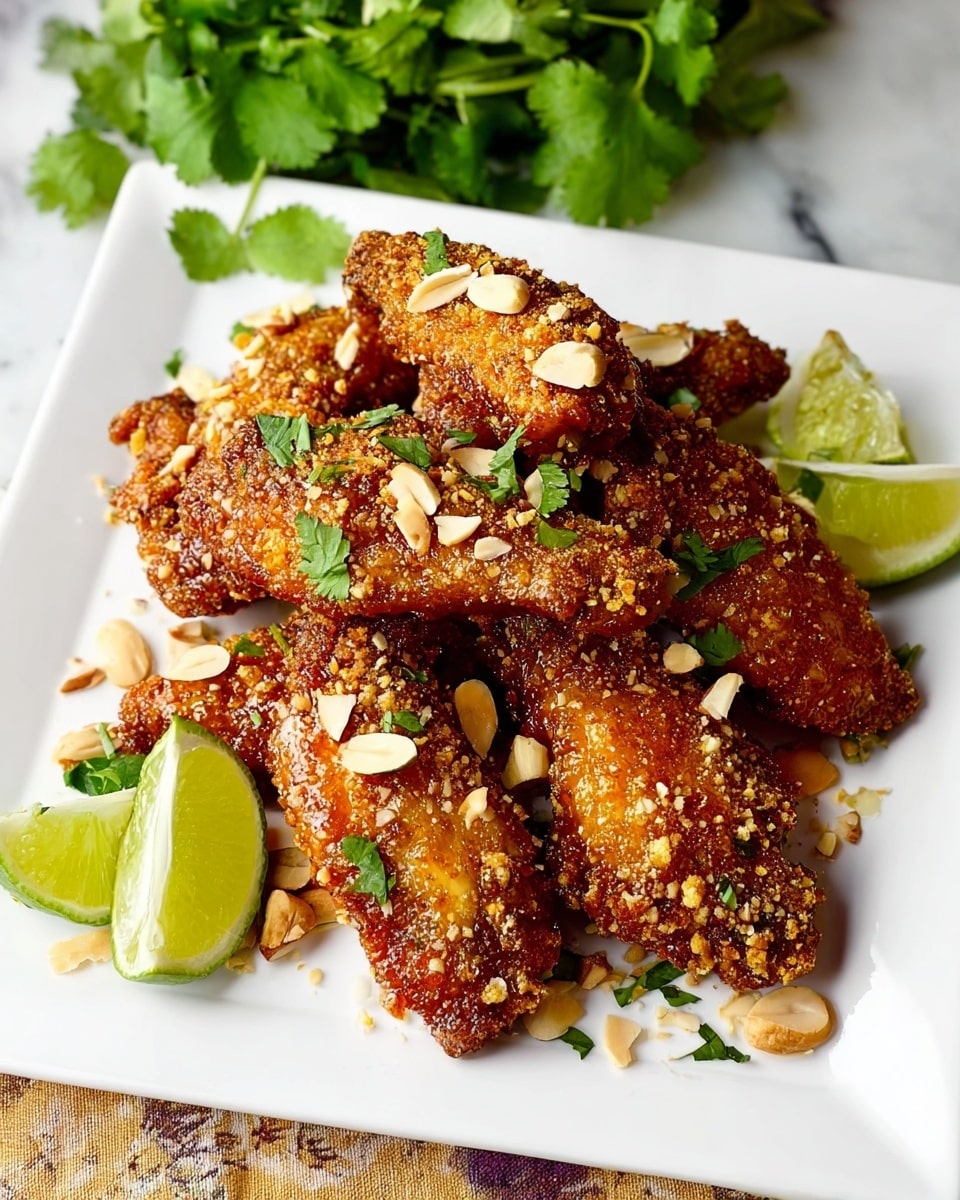 A white square plate on a white marbled surface holds a stack of golden-brown fried chicken wings, each wing covered in a crispy, textured coating with bits of crushed nuts or seeds. Scattered on top are thin, almond-shaped light beige nut slices and small pieces of fresh green herbs. On one side of the plate, there are two bright green lime wedges. The plate is partially surrounded by fresh cilantro leaves in the background, adding a touch of green contrast. photo taken with an iphone --ar 4:5 --v 7
