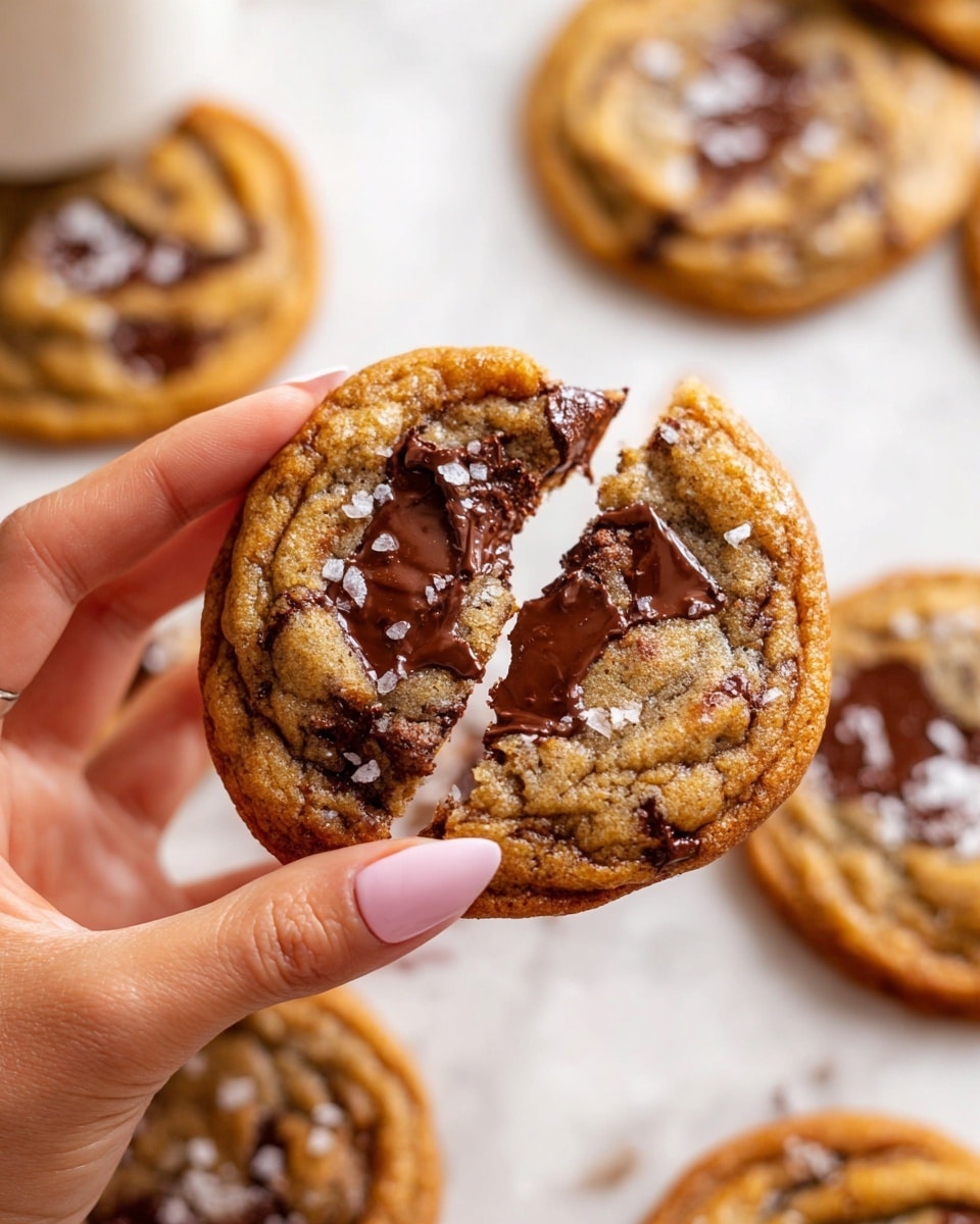 A close-up image of a woman's hand breaking a warm chocolate chip cookie in half, showing the gooey melted dark chocolate inside. The cookie is golden-brown with a slightly crispy edge and a soft, chewy center with visible melted chocolate chunks. The background is a white marbled texture with more cookies scattered around, each topped with a few grains of sea salt that sparkle lightly in the light. The woman's nails are painted light pink, adding a soft contrast to the rich colors of the cookie. photo taken with an iphone --ar 4:5 --v 7