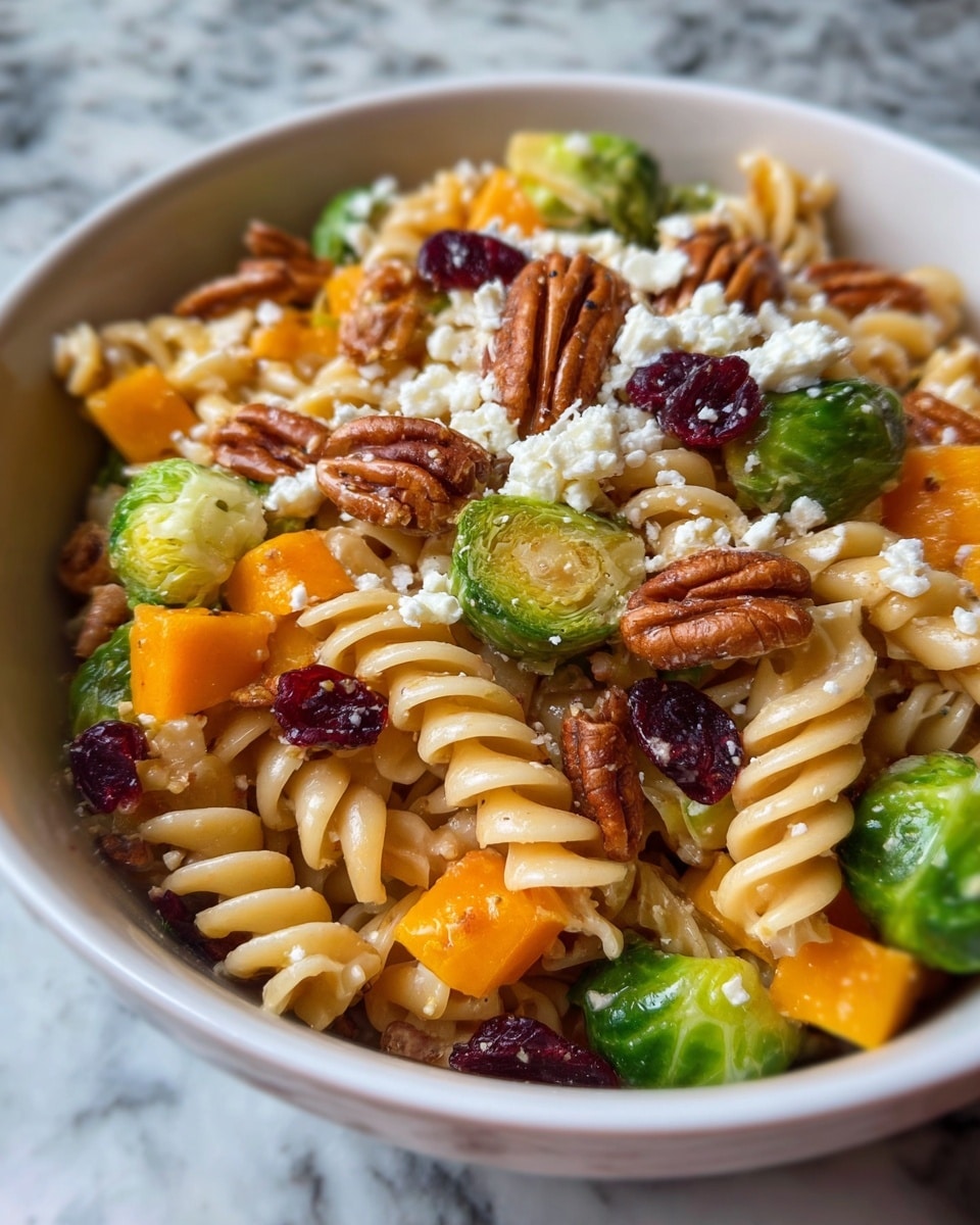 A white bowl filled with a colorful pasta salad showing three main layers. The bottom layer is light beige rotini pasta, twisted and cooked. Mixed within and on top are bright green halved Brussels sprouts, orange cubes of butternut squash, and whole glossy brown pecans. Scattered on the top are small pieces of white crumbly cheese and deep red dried cranberries, adding texture and color contrast. The bowl is placed on a white marbled surface. photo taken with an iphone --ar 4:5 --v 7