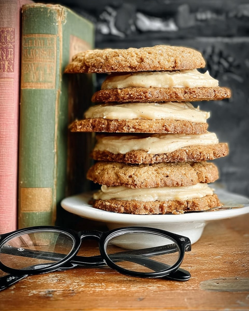 A stack of five layered cookies with creamy, light beige frosting between each golden-brown cookie, slightly rough in texture and uneven on the edges, displayed on a white plate. Next to the plate is a pile of old books with worn covers in faded green, pink, and yellowish tones. In front of the plate and books are round black glasses resting on a wooden surface, and the background features a dark textured pattern. The whole scene sits on a white marbled surface. photo taken with an iphone --ar 4:5 --v 7