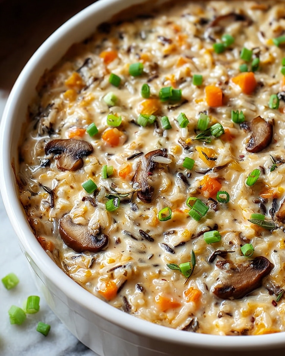 A close-up view of a creamy rice casserole in a white round ceramic dish, showing a thick single layer filled with mixed wild and white rice, small round orange carrot pieces, and sliced brown mushrooms, all covered in a creamy sauce and topped with scattered chopped green onions for a fresh touch, placed on a white marbled textured surface. photo taken with an iphone --ar 4:5 --v 7