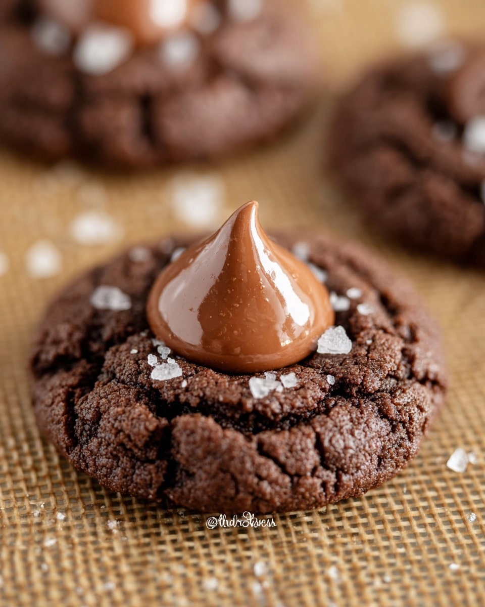 A close-up of a dark brown chocolate cookie with a cracked and rough texture, topped in the center with a single shiny, smooth, light brown chocolate kiss-shaped piece. The cookie has small white flakes sprinkled on it, likely sea salt, adding a contrast in color. The cookie sits on a baking mat with a tan grid pattern, with a blurred second cookie visible in the background. The lighting highlights the shine on the chocolate kiss and the texture of the cookie. photo taken with an iphone --ar 4:5 --v 7