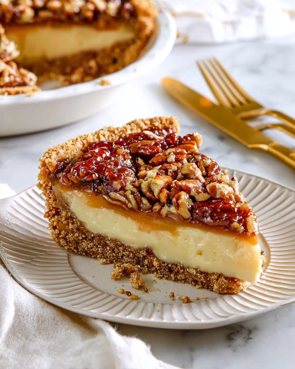 A slice of pie with three clear layers sits on a white plate with a ridged edge, placed on a white marbled surface. The bottom layer is a light brown crumbly crust, the middle layer is smooth and creamy in a pale yellow color, and the top layer is a glossy mixture of chopped pecans covered with a sticky caramel glaze. Behind the slice, part of the remaining pie is seen on a white pie dish. In the background, a gold fork and knife lie to the side, and a white cloth is partially visible near the plate. The lighting highlights the shiny caramel and the textures of the nuts. Photo taken with an iphone --ar 4:5 --v 7
