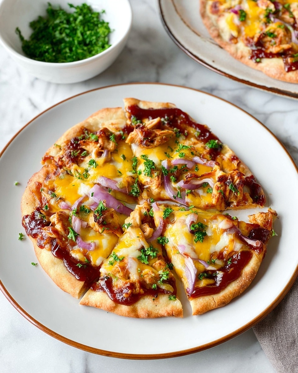The image shows a small pizza on a white plate with a thin brown rim, placed on a white marbled surface. The pizza is cut into four slices and features a golden-brown crust with a slightly puffy edge. The first layer is a dark reddish-brown BBQ sauce spread evenly over the crust. On top, there is a layer of melted yellow cheddar cheese mixed with white cheese, glossy and stretchy. Scattered across the cheese are pieces of grilled chicken that are light brown and well-cooked, along with thin slices of red onion which are vibrant purple and slightly translucent. The pizza is garnished with small bits of bright green chopped parsley, adding a fresh touch. In the background, there is a white bowl filled with more chopped parsley. photo taken with an iphone --ar 4:5 --v 7