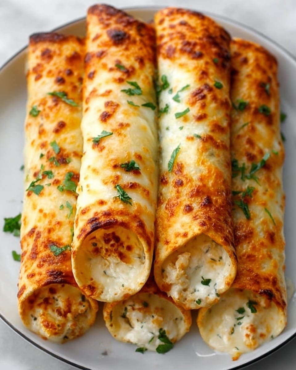 The image shows five golden baked rolled tortillas placed side by side on a white plate. Each roll is covered with a layer of melted cheese that is bubbly and slightly browned, with green herb pieces sprinkled on top. Inside, a creamy filling with a soft texture and light beige color is visible at the open ends of the tortillas. The edges of the rolls look crisp and toasted. The overall look is warm and inviting, with a close-up focus that highlights the texture and color contrast of the baked cheese and herbs. The plate sits on a white marbled surface. photo taken with an iphone --ar 4:5 --v 7