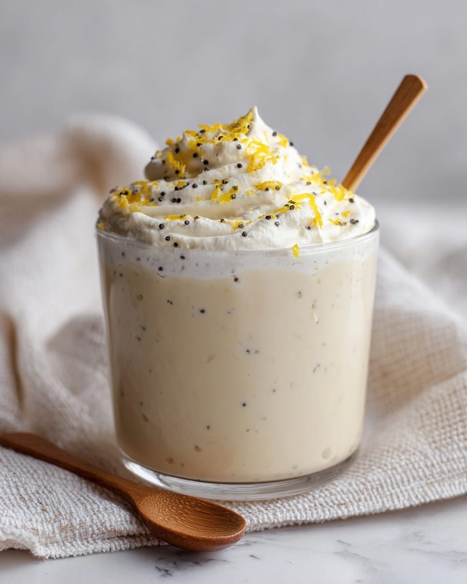 A clear glass cup filled with a creamy beige liquid base, topped by a thick layer of white whipped cream mixed with small black specks, and crowned with white whipped cream that is sprinkled with bright yellow zest and more small black specks, a wooden spoon inside the cup, placed next to a matching wooden spoon lying on a textured white cloth, all set on a white marbled surface with a soft blurred background. photo taken with an iphone --ar 4:5 --v 7