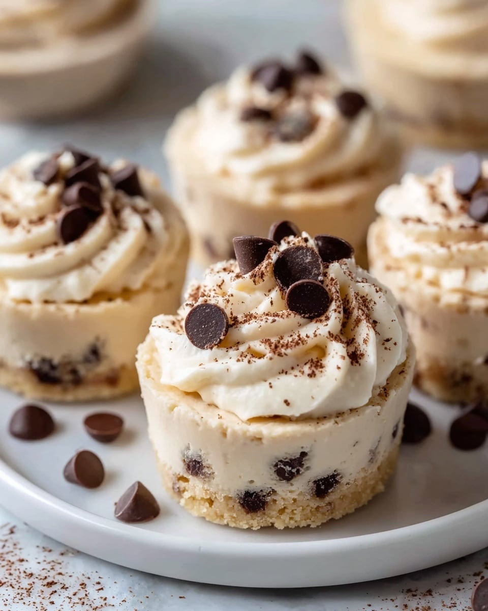 The image shows a close-up of several mini cheesecakes on a white plate placed on a white marbled texture surface. Each mini cheesecake has two layers: the base layer is a light beige cake with visible chocolate chips embedded inside, and the top layer is a thick, creamy off-white frosting that looks smooth but with some soft peaks and swirls. On top of the frosting, there are several dark chocolate chips and a light dusting of cocoa powder scattered around and on them. The photo focuses on one cheesecake in the foreground, with others softly blurred in the background, and a few loose chocolate chips scattered on the plate and surface. Photo taken with an iphone --ar 4:5 --v 7