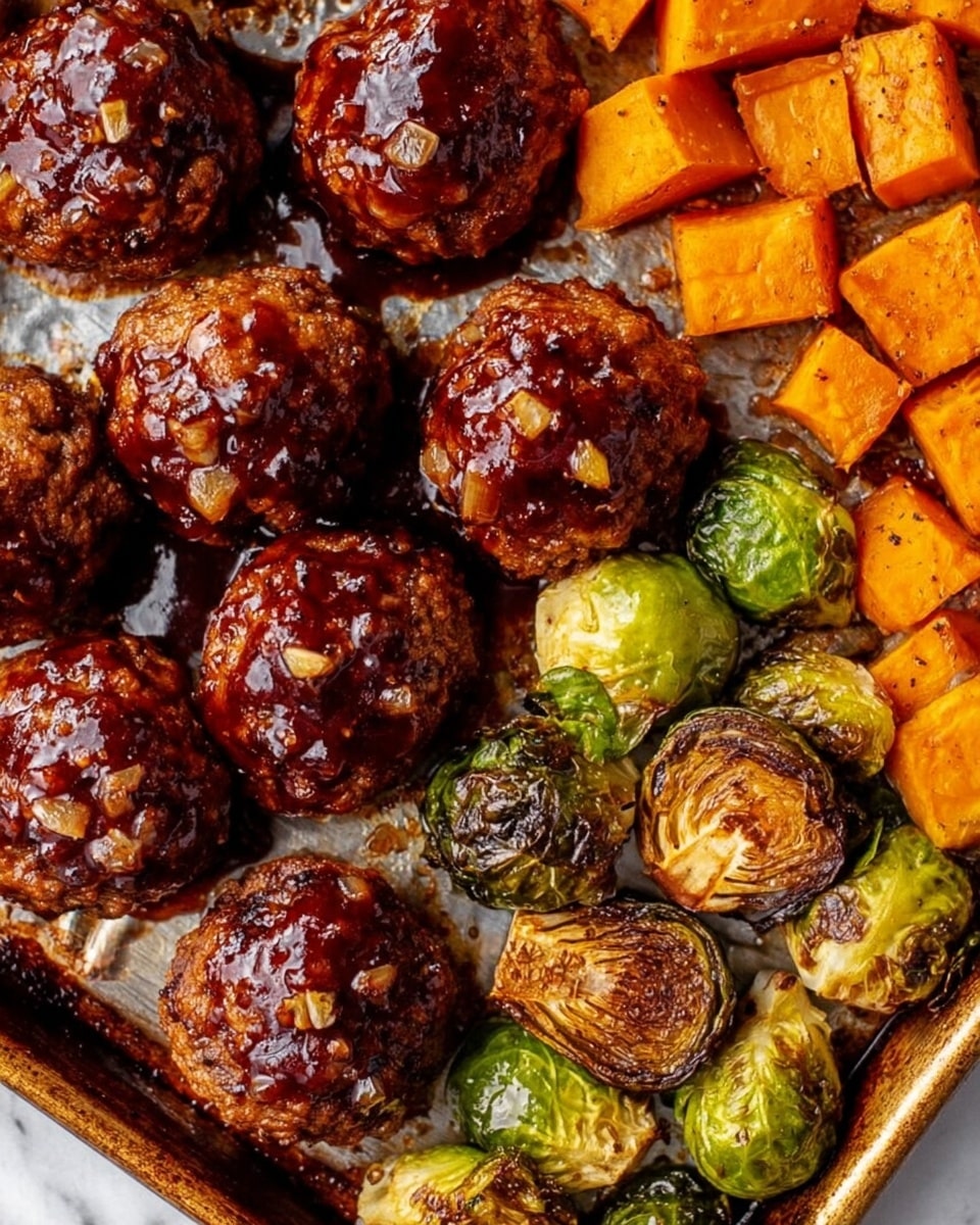 The image shows a tray of glazed meatballs that are dark brown and shiny, covered in a thick sauce with small bits of garlic or onion. Next to the meatballs, there are roasted vegetables including halved Brussels sprouts that are golden brown on the edges and small orange cubes of sweet potatoes with a slightly crispy texture. The background is a white marbled surface. Photo taken with an iphone --ar 4:5 --v 7