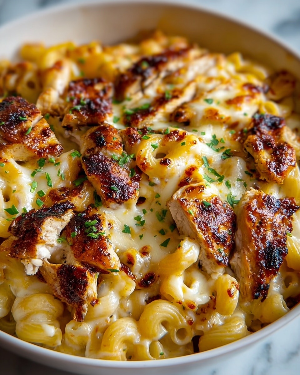 The dish shows a close-up of baked pasta in one layer of creamy, light golden cheese sauce mixed with elbow macaroni, topped with several pieces of browned grilled chicken that have a slightly crispy, charred texture. The chicken pieces are scattered on top and coated with melted cheese that has a stretchy texture and lightly browned spots. Small green chopped herbs are sprinkled over the top, adding some fresh contrast. The dish is in a white bowl, set against a white marbled surface. Photo taken with an iphone --ar 4:5 --v 7