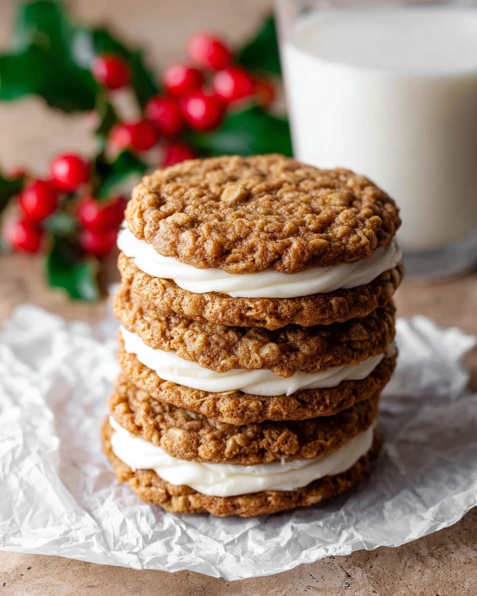A stack of four oatmeal cream pies is shown, each with two textured golden-brown oatmeal cookie layers sandwiching a smooth, thick white cream filling in between. The stacked cookies rest on a slightly crumpled white piece of parchment paper. In the blurred background, there is a clear glass of milk and red holly berries with green leaves on a white marbled surface. The focus is on the detailed, crumbly texture of the cookie tops and the soft cream layers between them. Photo taken with an iphone --ar 4:5 --v 7
