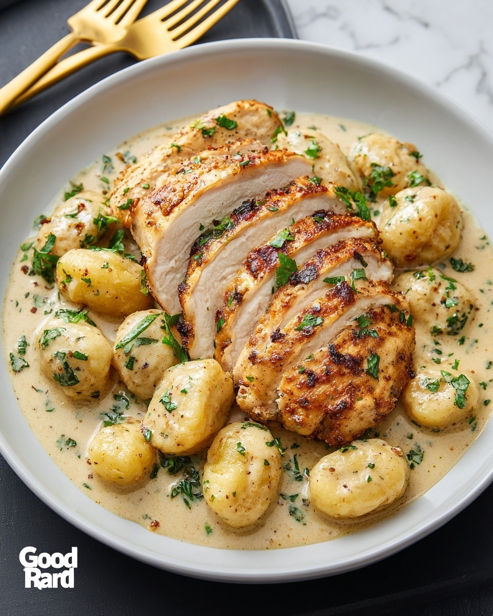 A white bowl filled with golden brown, sliced chicken breast arranged in a fan shape in the center, with a creamy light beige sauce covering the chicken and the small round gnocchi surrounding it. The gnocchi are coated in the same sauce and sprinkled with small green herb pieces and black pepper. The surface under the bowl is a white marbled texture, and a gold fork is placed to the upper left of the bowl. photo taken with an iphone --ar 4:5 --v 7