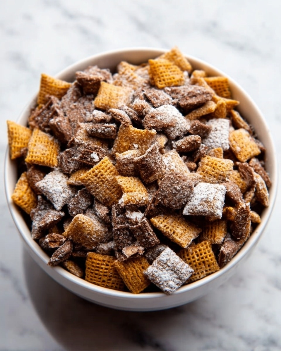 A close-up view of a white bowl filled with a mix of small square cereal pieces that are golden brown with a crunchy texture, combined with irregular chunks of dark chocolate coated with a light dusting of white powdered sugar. The mix appears crunchy and sweet, with the golden cereal and dark chocolate pieces evenly distributed in the bowl. The bowl sits on a surface with a white marbled texture, highlighting the rich browns and golden colors of the mix. photo taken with an iphone --ar 4:5 --v 7