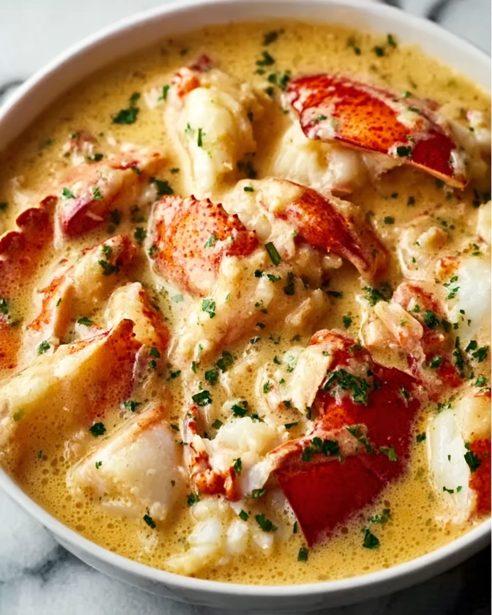 The image shows a creamy dish with pieces of white lobster meat covered in a yellowish, thick sauce with small green herbs sprinkled on top. The lobster pieces have bright red shells mixed with white meat, creating a colorful contrast. The sauce looks smooth and rich, filling the gaps between the lobster chunks. The dish is inside a white bowl placed on a white marbled surface. photo taken with an iphone --ar 4:5 --v 7