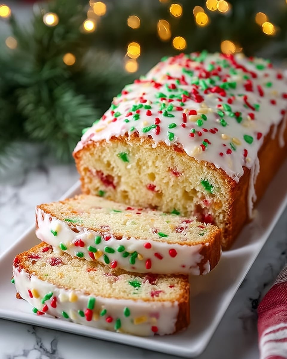 A sliced loaf cake with a light golden-brown crust, soft light yellow inside dotted with small red, green, and a few yellow sprinkles throughout, topped with a smooth white icing layer that covers the whole top surface, sprinkled generously with red, green, and a few yellow candy bits. The slices are neatly cut and placed on a white rectangular plate sitting on a white marbled surface with festive bokeh lights blurred in the background, and a green pine branch partially visible nearby. photo taken with an iphone --ar 4:5 --v 7