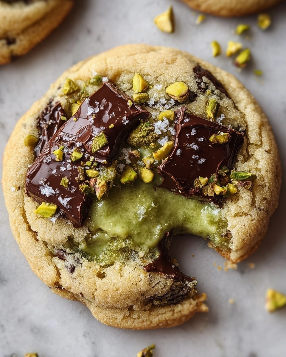A soft, round cookie with a light golden brown color and a slightly crispy edge sits on a white marbled surface. The cookie is broken open in the center to reveal a thick, smooth green filling that looks creamy and rich. Large, glossy dark chocolate chunks are scattered on top and partially melted into the cookie’s surface. Small pieces of chopped pistachio nuts with a bright green hue are sprinkled around the green filling and chocolate, adding texture and color contrast. There are tiny white salt flakes lightly scattered over the cookie’s top, enhancing its visual appeal. Photo taken with an iphone --ar 4:5 --v 7