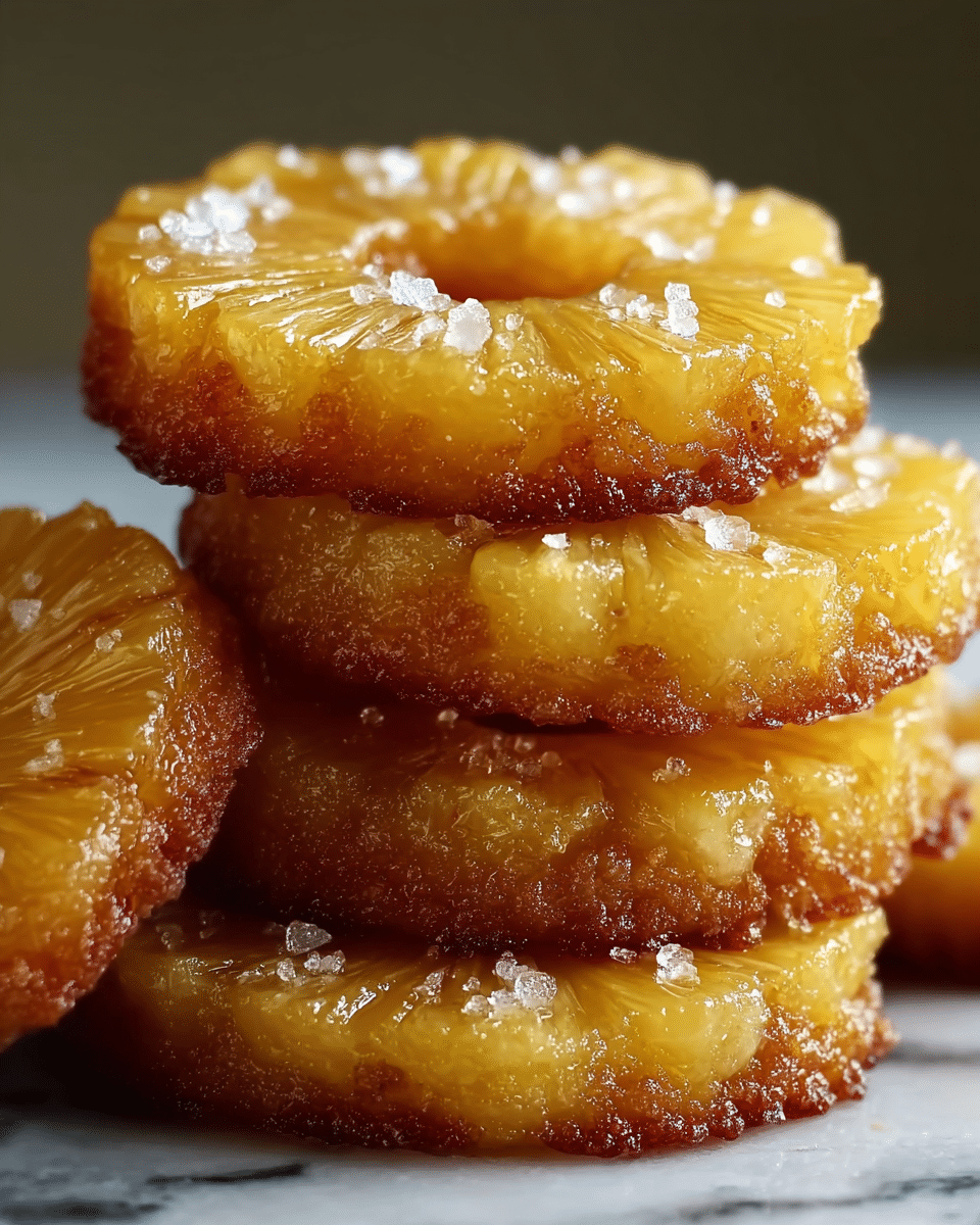 A stack of four golden brown pineapple upside-down mini cakes with a slightly crispy caramelized edge, each topped with a round pineapple ring that has a bright yellow color and textured lines. The top layer of pineapple is sprinkled lightly with coarse white sugar crystals. The cakes are stacked unevenly on a white marbled surface, with the pineapple rings facing upwards, showing the shiny glaze and moist texture. photo taken with an iphone --ar 4:5 --v 7