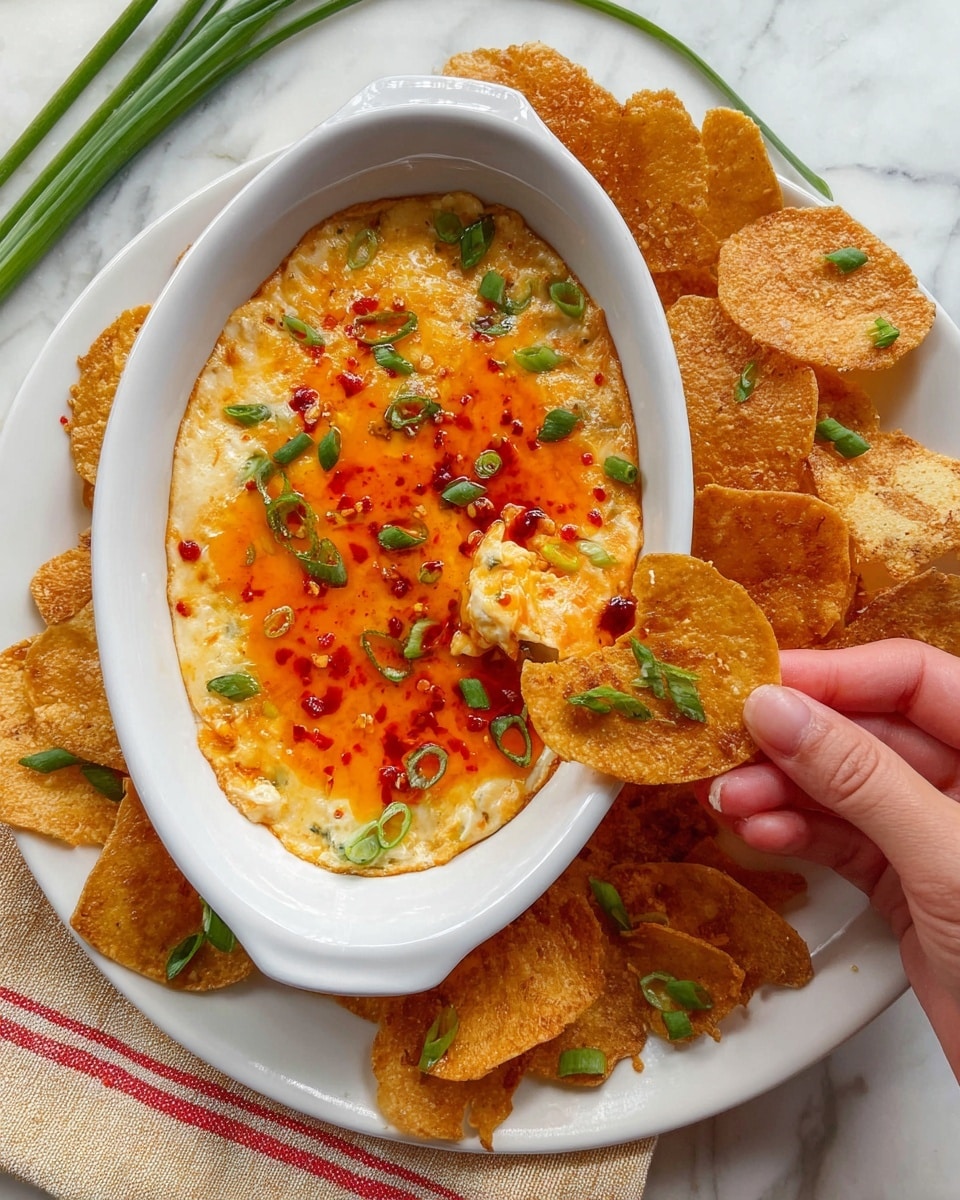 The image shows a white oval dish filled with a two-layer dip placed on a large white plate. The bottom layer is creamy and pale, textured like a cheese or sour cream base with chunks, while the top layer is bright orange-red with a glossy surface and scattered bits of chopped green onions and red chili flakes. Surrounding the dish are many golden-brown, crispy chips with a bubbly texture, some sprinkled lightly with green onion slices. A woman's hand is holding one chip, dipping it into the creamy layer, showing the soft dip sticking to the chip. The plate rests on a white marbled surface with a few green chive stalks and a beige and red-striped cloth partially visible. Photo taken with an iphone --ar 4:5 --v 7