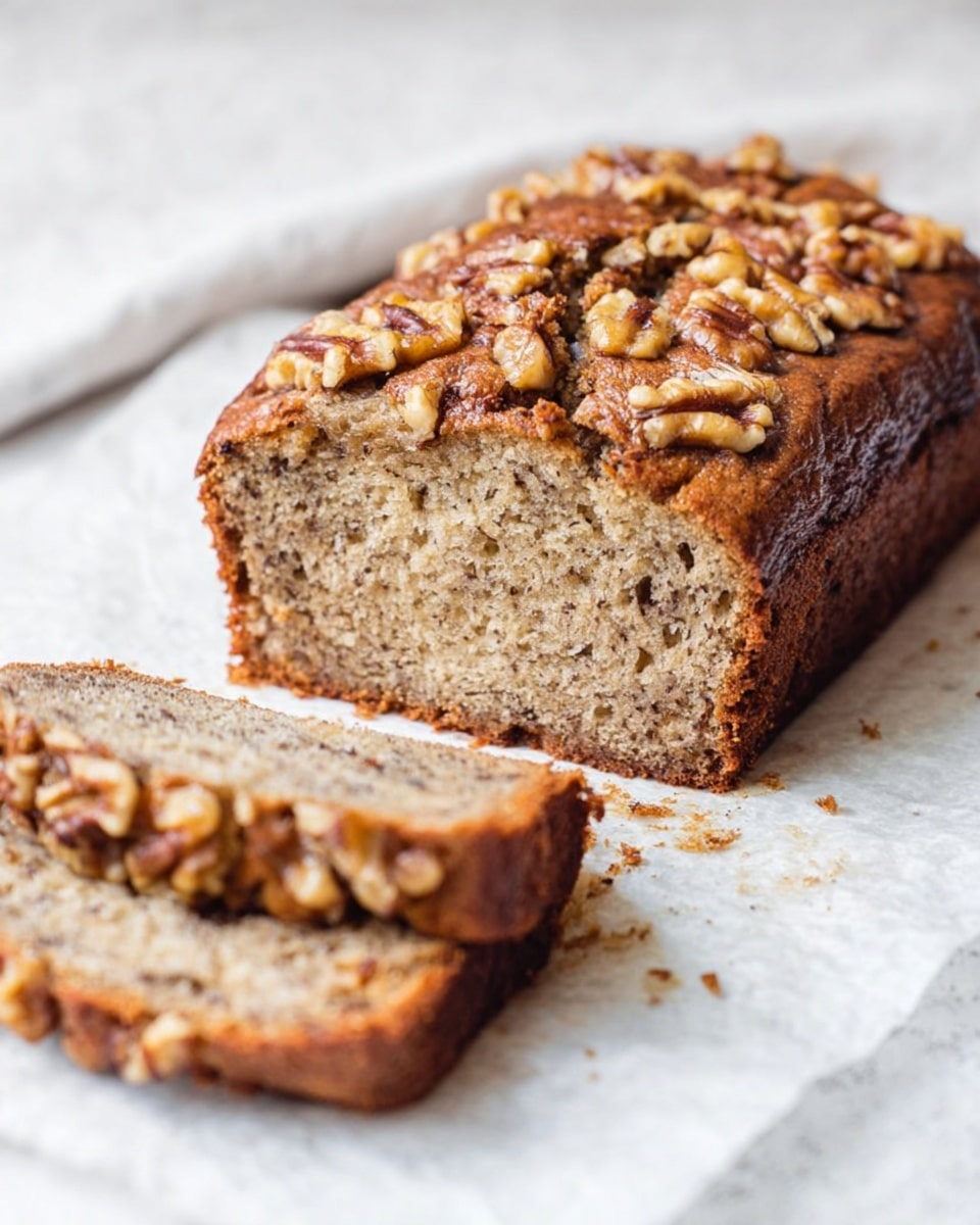 A sliced banana nut bread loaf placed on white parchment paper over a white marbled surface. The loaf has a brown crust topped with chopped walnut pieces forming a rough textured top layer. The inside is light brown with small dark spots from the nuts mixed throughout. Two slices lay flat in front of the main loaf, showing a soft, moist crumb with visible nut bits inside. The colors range from golden brown on the crust to a lighter beige inside, with a contrast of darker walnut pieces both inside and on top. photo taken with an iphone --ar 4:5 --v 7