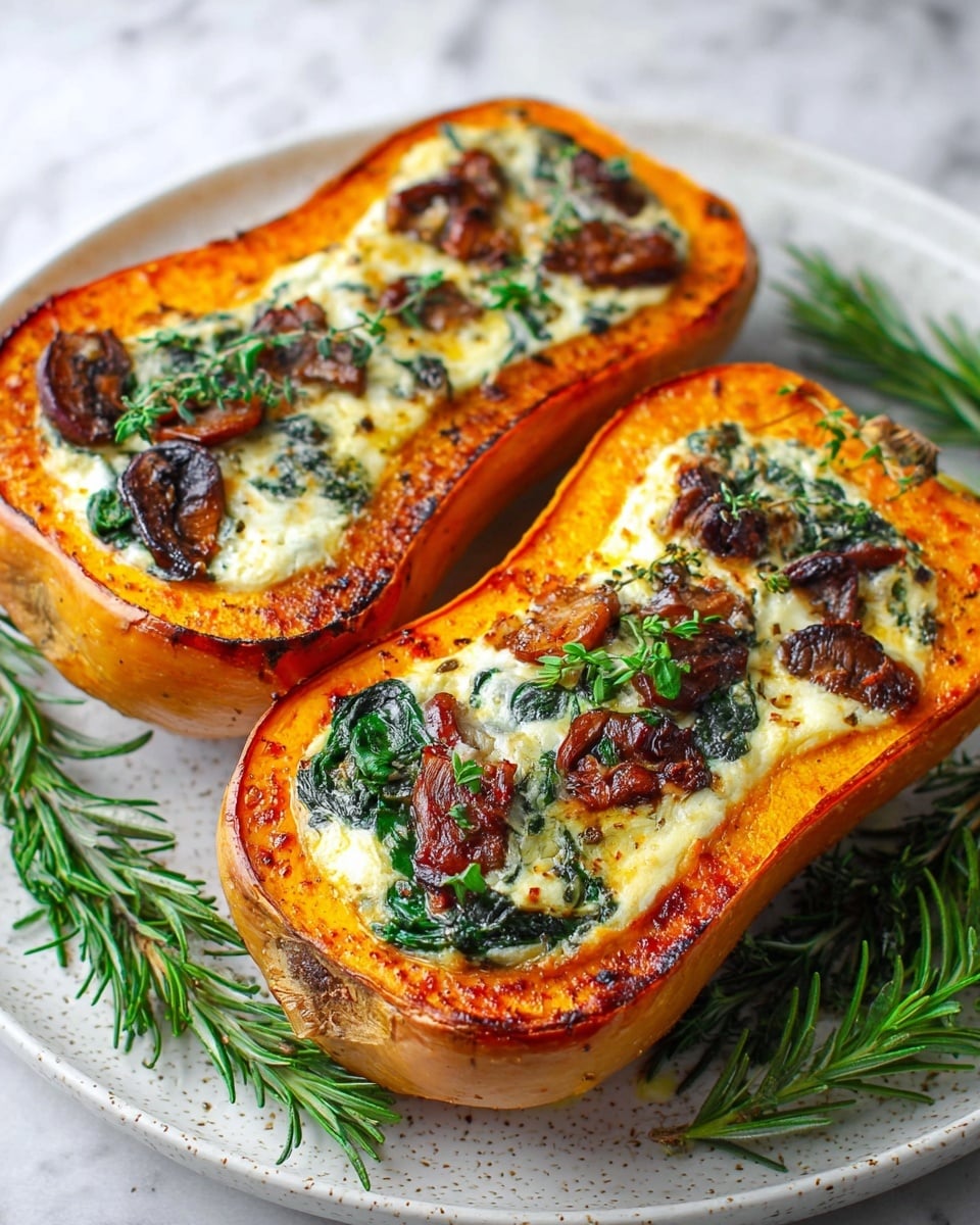 Two roasted butternut squash halves sit side by side on a white plate with a faint pattern, placed on a white marbled surface. Each squash has a bright orange base with a slightly caramelized, darker edge. The center is filled with a creamy white layer mixed with wilted green spinach and browned mushroom pieces. Small green herb leaves are sprinkled on top and around the squash, with fresh green rosemary sprigs decorating the plate edges. The textures show a mix of smooth, soft creamy filling and roasted squash with slightly crispy skin. Photo taken with an iphone --ar 4:5 --v 7