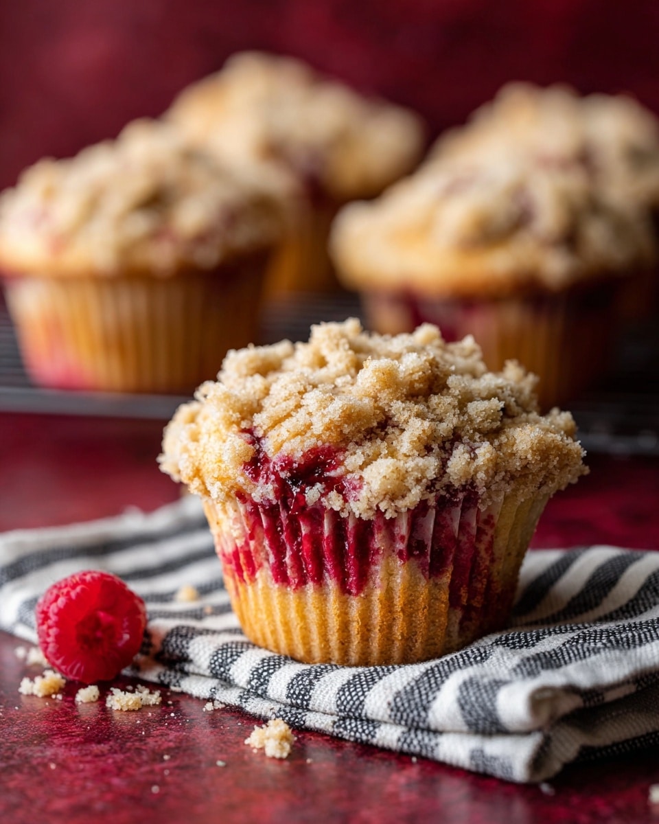 The image shows a close-up of a crumb-topped muffin with three clear layers: a golden brown bottom muffin layer mixed with red berry swirls, a middle vibrant red layer of berries, and a top light brown crumbly streusel layer. The muffin sits on a white and black striped cloth on a deep red surface, with some crumbs and a single bright red berry in front. In the background, there are several blurred muffins with the same crumb top, all placed against a white marbled texture. photo taken with an iphone --ar 4:5 --v 7