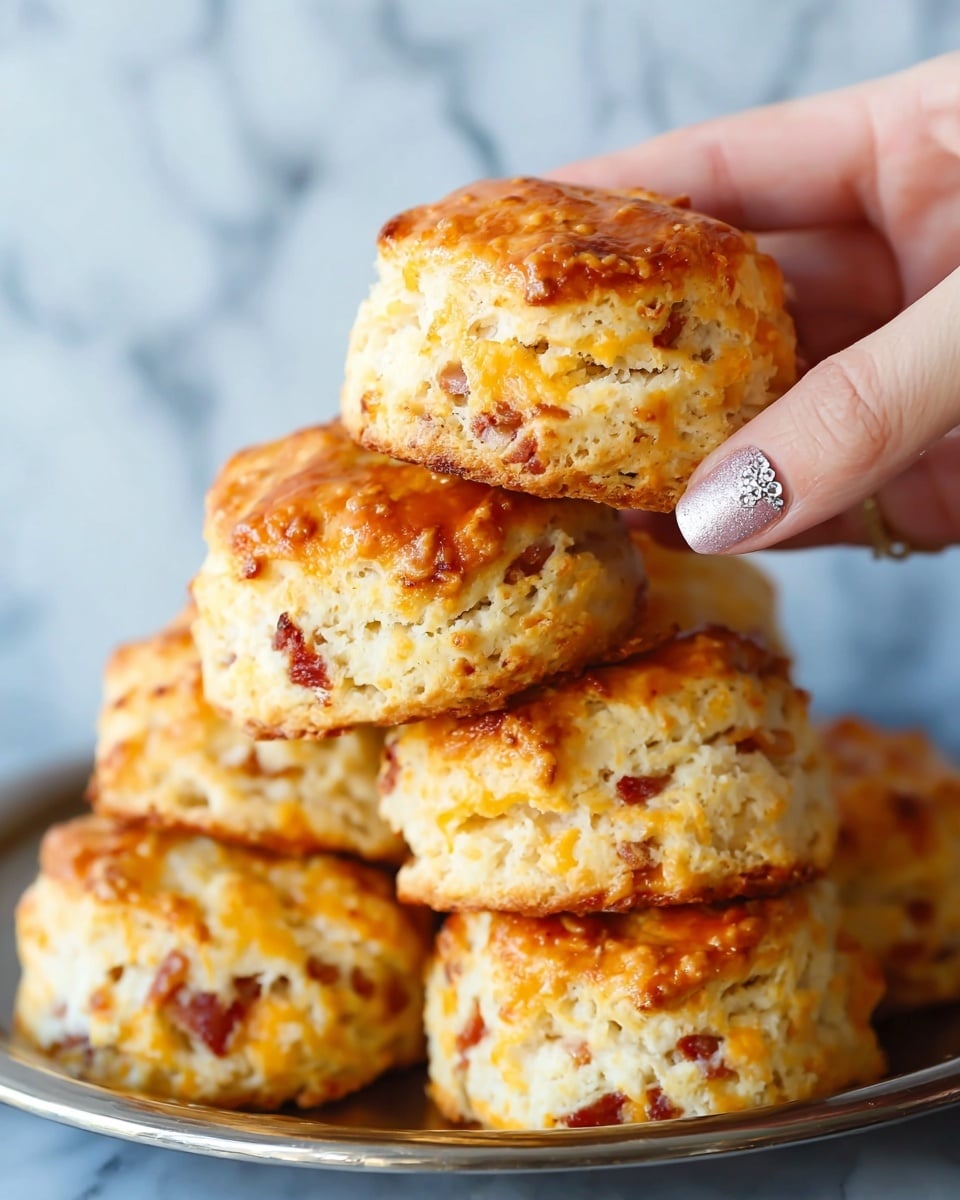 A stack of five golden-brown biscuits with a shiny, slightly crispy top layer and a soft, crumbly texture inside, showing visible bits of melted cheese and bacon pieces scattered throughout. The biscuits are arranged closely on a metal plate, with the top biscuit being gently held by a woman's hand, showing natural colored nails with a small silver decoration on one nail. The background is a smooth white marbled surface. photo taken with an iphone --ar 4:5 --v 7