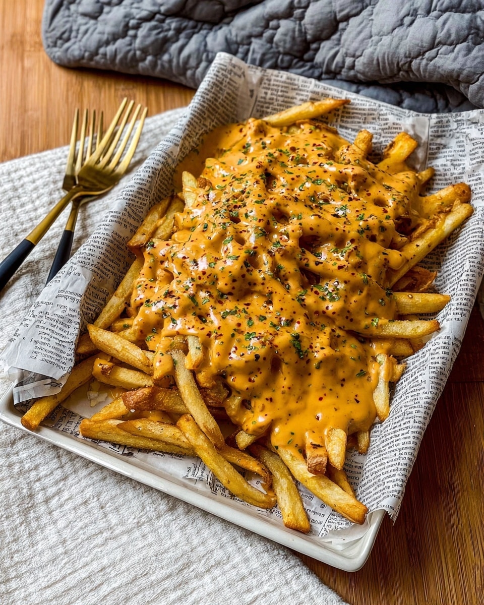 A close-up view of a dish featuring crispy fries as the base layer, golden brown and slightly textured. The second layer is melted yellow cheese generously draped over the fries, creating a smooth, glossy surface with some cheese stretching between fries. The top layer is a creamy, beige sauce with specks of green herbs and red chili flakes scattered evenly across, adding color and texture contrast. The fries and toppings sit on a white plate with a white marbled surface beneath, emphasizing the vivid colors of the dish. photo taken with an iphone --ar 4:5 --v 7