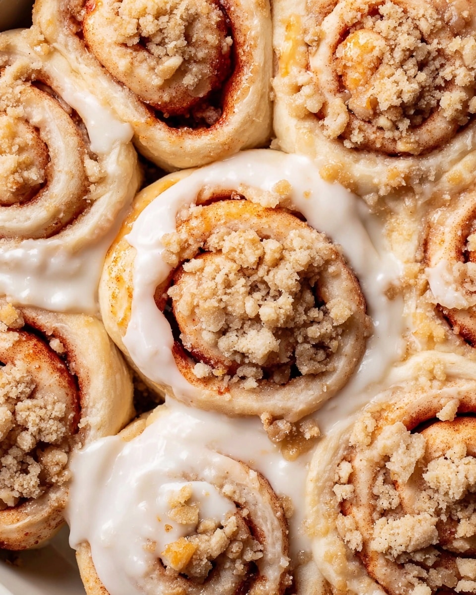 A close-up view of nine cinnamon rolls packed together in a white baking pan, each roll featuring a golden-brown spiral dough with a layer of reddish cinnamon filling visible in the swirls. Some rolls are topped with smooth, glossy white icing spread unevenly on the surface, while others have a crumbly light brown streusel topping with small and large chunks. The texture of the dough looks soft and fluffy under the toppings. The white marbled texture background adds a clean, bright contrast to the warm colors of the rolls. photo taken with an iphone --ar 4:5 --v 7
