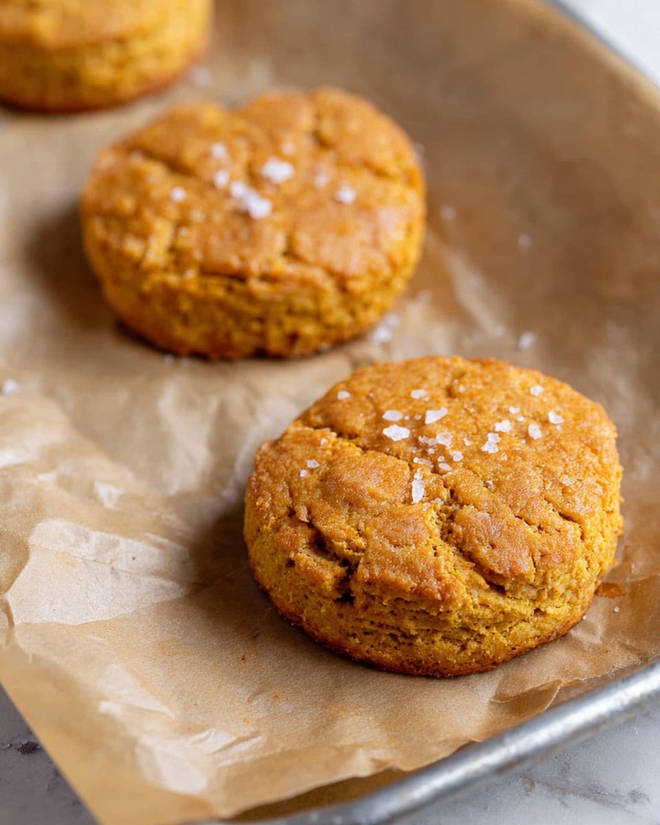 The image shows three golden-brown biscuits resting on crumpled light brown parchment paper atop a silver baking tray. Each biscuit is round, thick, and has a textured surface with small cracks and a slightly uneven top, sprinkled with coarse salt crystals. The biscuits have a warm, inviting orange-brown color and appear crispy on the outside, suggesting a soft interior. The photo is set against a white marbled texture background, enhancing the warm tones of the biscuits. photo taken with an iphone --ar 4:5 --v 7