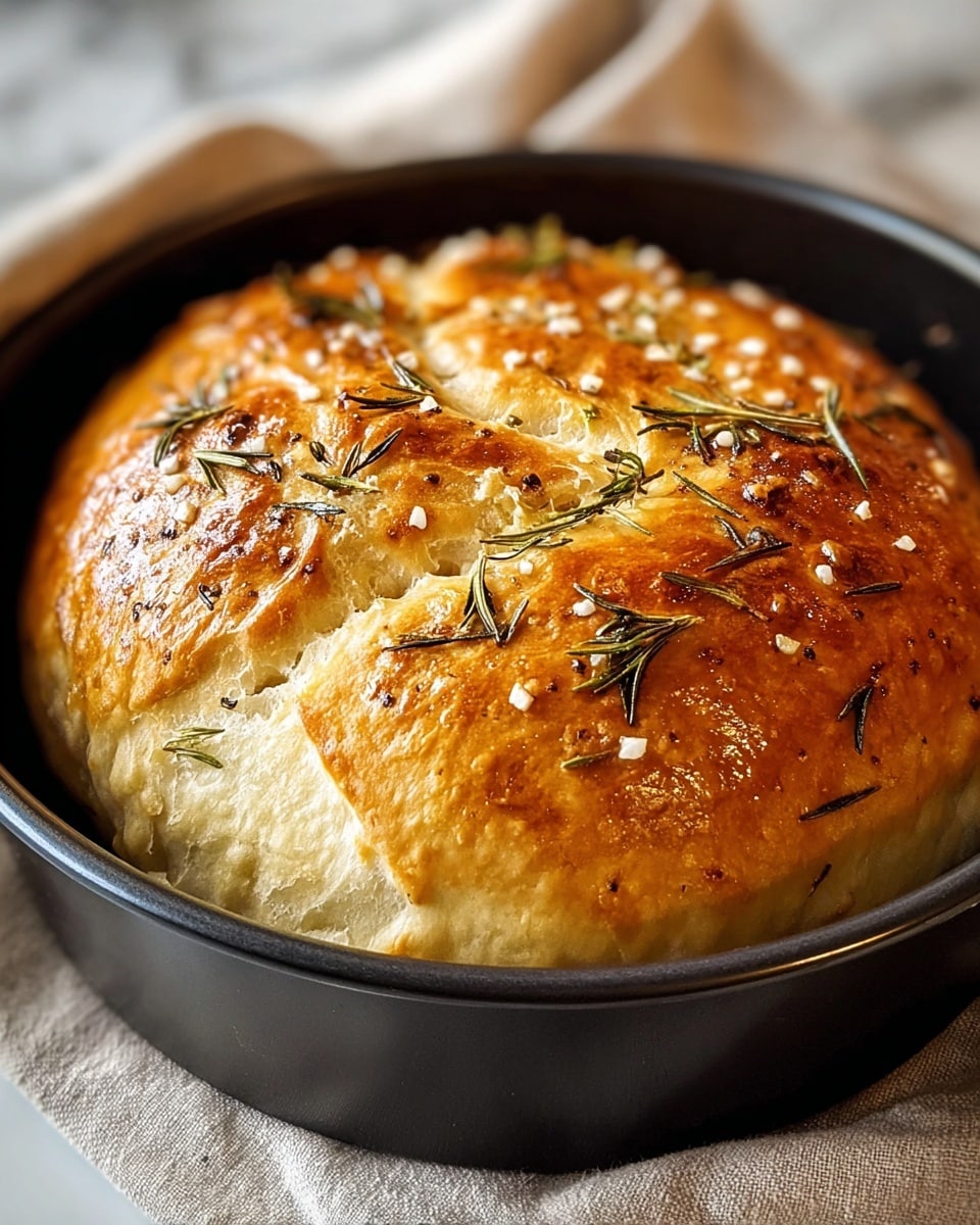 A golden-brown round bread loaf with a slightly cracked top sits inside a black round baking pan. The loaf shows a soft, fluffy texture with light beige tones visible through the cracks. It is sprinkled with small white garlic bits and green rosemary leaves scattered across the shiny, glazed surface. The black pan rests on a light beige cloth, all set against a white marbled texture. The bread has an inviting, fresh-baked look with a mix of smooth and rough textures on its crust. photo taken with an iphone --ar 4:5 --v 7