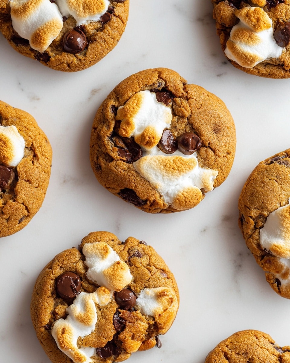 The image shows several round, golden brown cookies with cracked tops, placed on a white marbled surface. Each cookie features irregular patches of white marshmallow melted slightly into the cookie dough, giving a soft texture contrast. Dark chocolate chips are scattered on the surface of the cookies, partly embedded in the dough and partly resting on the marshmallow. The cookies have a slightly rough and chunky appearance, with some edges showing toasted marshmallow browning. photo taken with an iphone --ar 4:5 --v 7