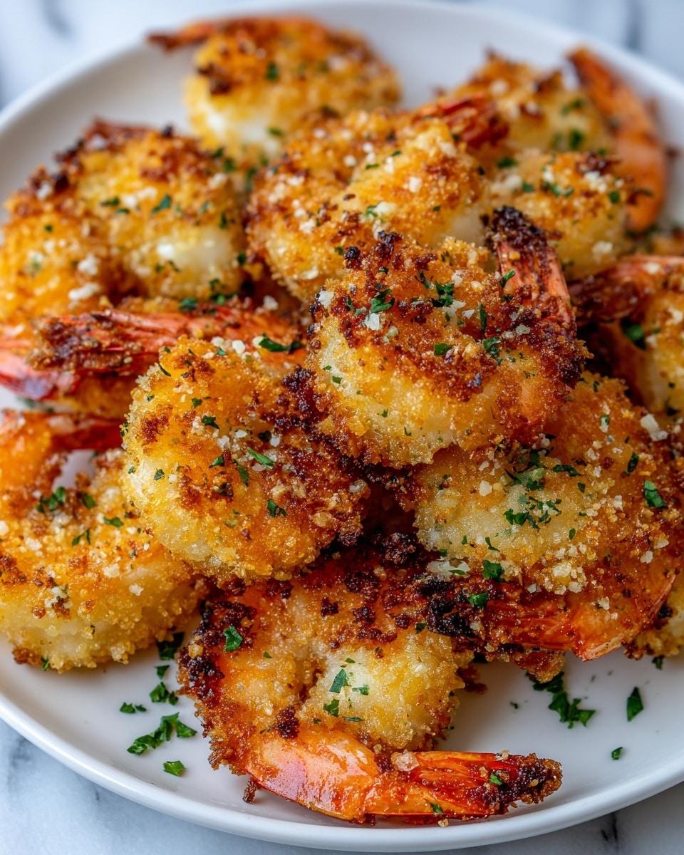 A white plate holds a pile of crispy fried shrimp that show a golden brown crust with specks of green herbs scattered on top and around them. Each shrimp is coated in a crunchy layer with visible bits of breadcrumbs and chopped parsley, and some have bright orange tails showing through the breading. The texture looks crunchy and slightly oily, with uneven browned edges giving a rustic fried look. The background surface has a white marbled texture, adding a clean contrast to the warm colors of the shrimp. photo taken with an iphone --ar 4:5 --v 7