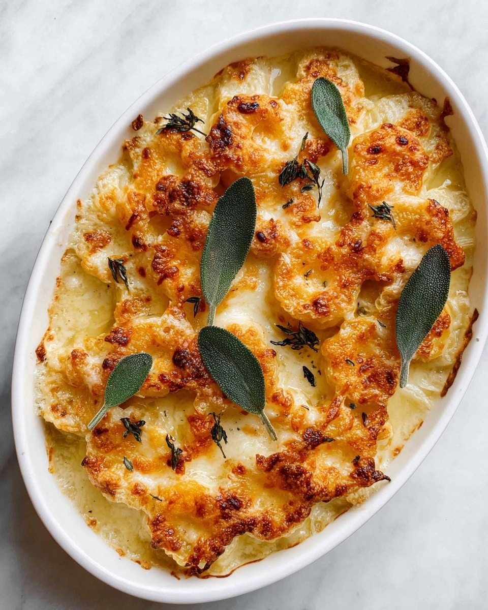 The dish shows golden-brown baked pasta rounds arranged closely in a white oval dish. The pasta has a crispy layer of melted cheese on top, with slight browning around the edges, giving a crunchy texture. Scattered green herb leaves, likely sage, sit atop the cheesy pasta pieces. The dish rests on a white marbled surface with soft natural lighting highlighting the textures and colors. photo taken with an iphone --ar 4:5 --v 7