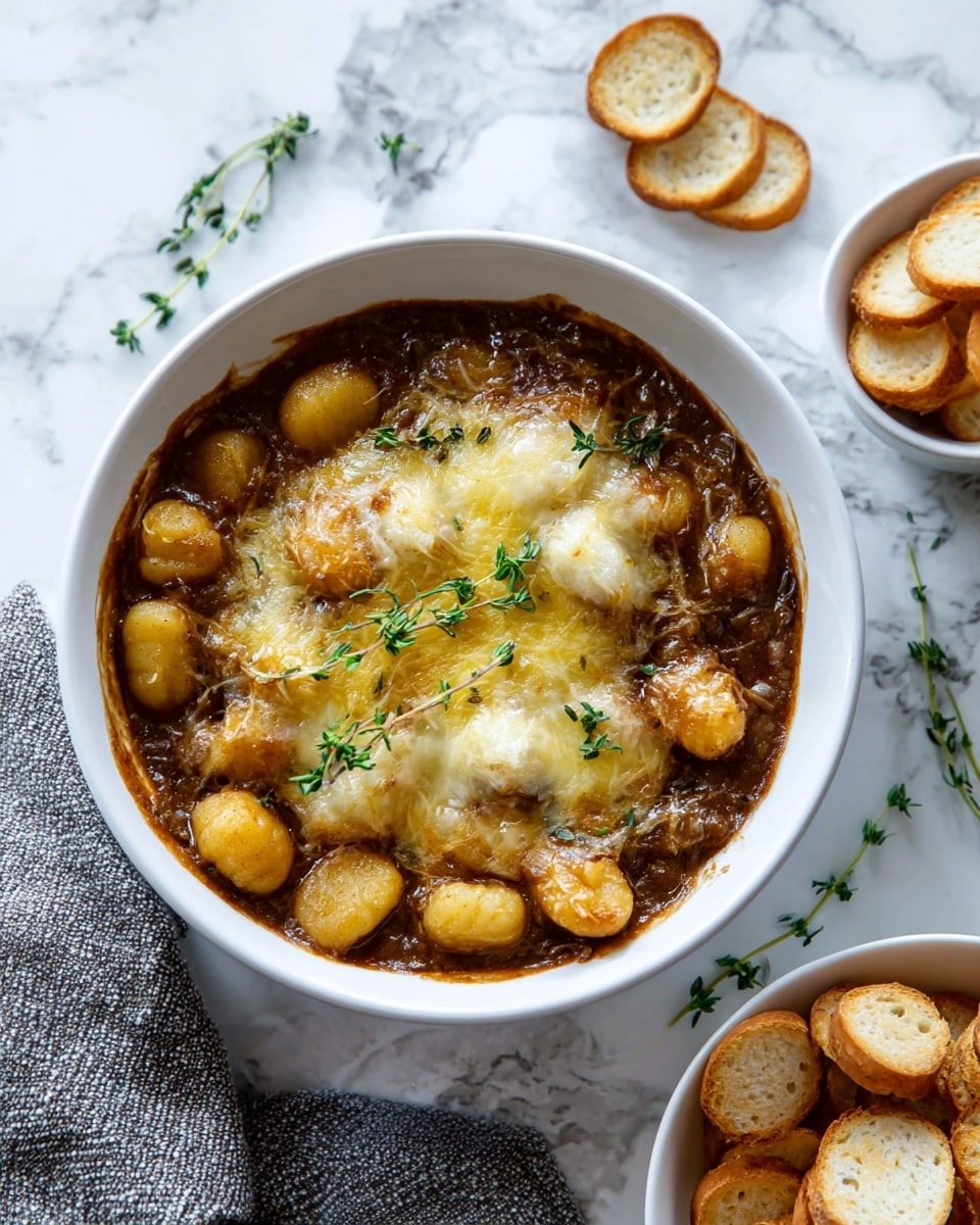 A white bowl is filled with a layered dish starting with a thick, dark brown sauce at the bottom. On top of the sauce, there are golden brown gnocchi pieces with a soft texture scattered around. The middle layer is a golden, melted cheese covering some gnocchi and sauce, creating a bubbly and slightly browned surface. Sprigs of fresh green thyme are placed on top as garnish. Around the bowl, there are small white bowls filled with round, toasted bread slices, and a textured gray cloth is partially visible on the white marbled surface. photo taken with an iphone --ar 4:5 --v 7