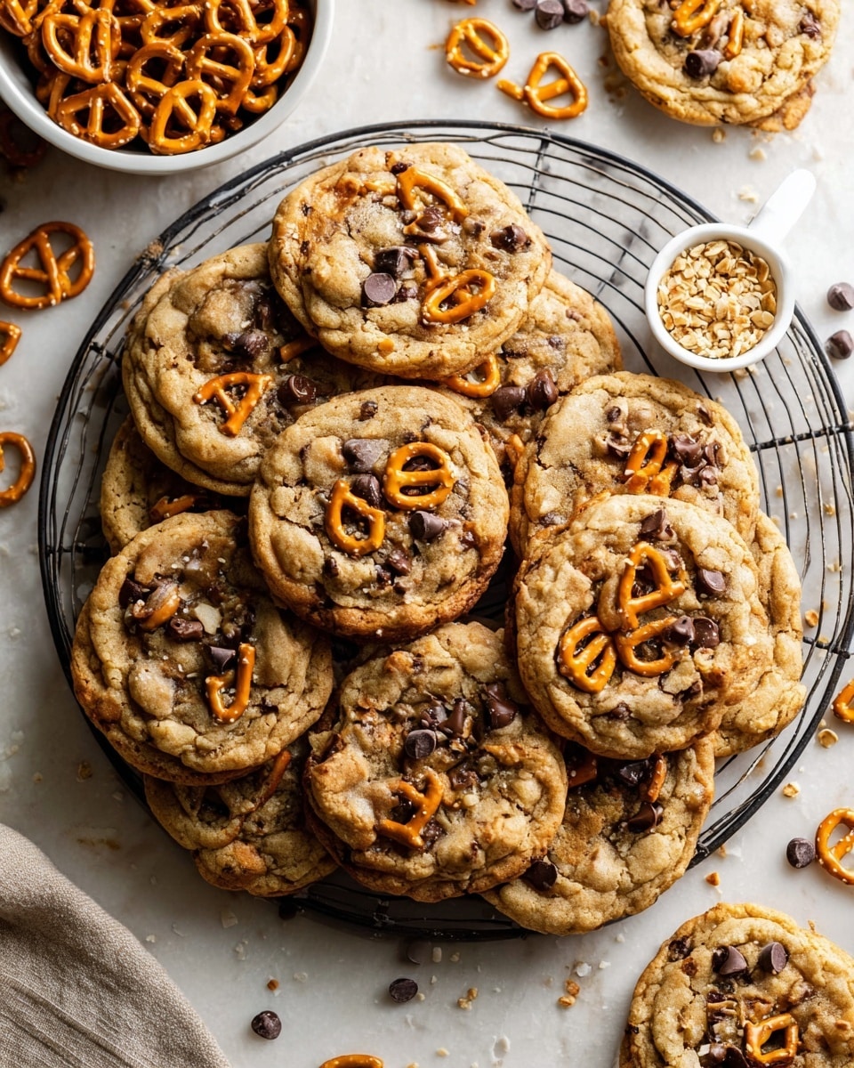 A round black wire cooling rack holds a pile of thick, golden-brown cookies studded with dark chocolate chips and topped with small, orange pretzel pieces. The cookies have a soft, slightly rough texture with cracks revealing gooey chocolate inside. To the upper right of the rack, a small white measuring cup filled with tiny beige chopped nuts rests on the rack, adding a crunchy texture contrast. Scattered small chocolate chips and pretzels surround the rack on the white marbled surface, with a white bowl filled with more pretzels visible in the upper left corner. The overall look is warm and inviting, highlighting the mix of soft cookie dough, shiny pretzels, and melted chocolate. photo taken with an iphone --ar 4:5 --v 7