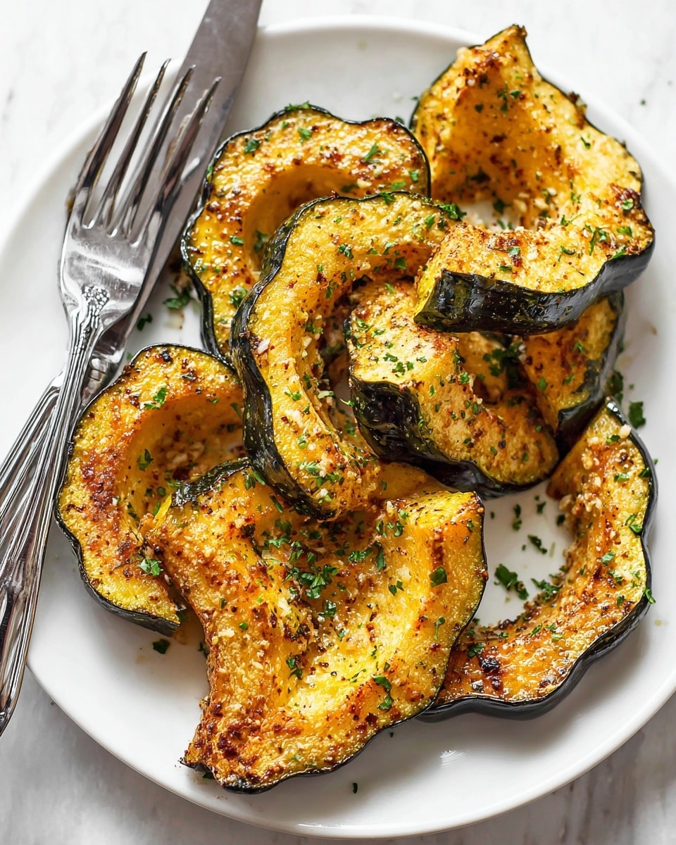 The image shows several slices of roasted acorn squash arranged on a white plate. Each slice is curved with a dark green outer skin and a golden yellow, slightly crispy inner flesh covered with specks of browned garlic and herbs. The texture of the squash looks tender with a light, crispy crust created by roasting, while small green parsley flakes are scattered on top for garnish. To the left, a shiny silver fork and knife rest on the plate's edge. The entire scene is set against a white marbled surface. photo taken with an iphone --ar 4:5 --v 7