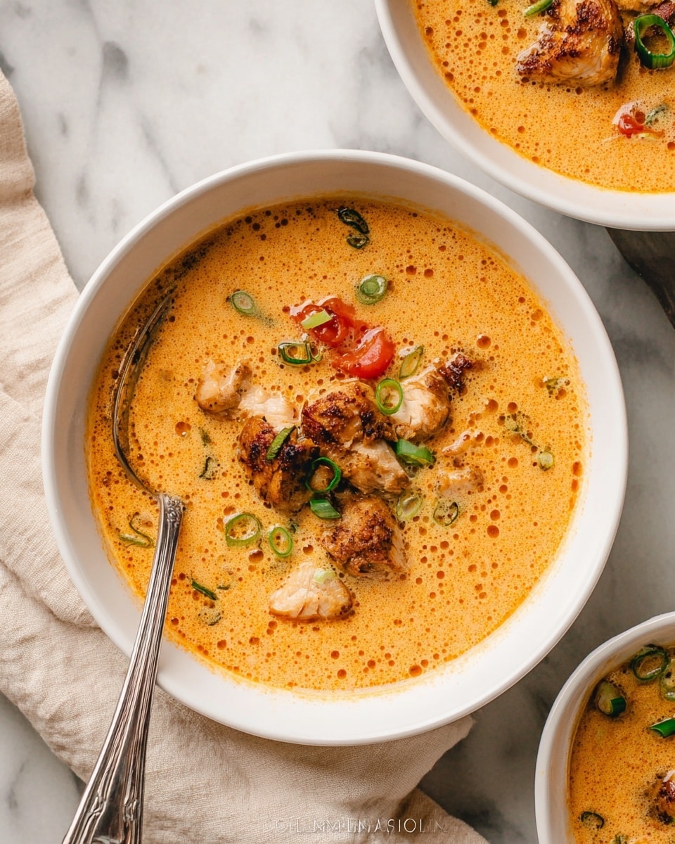 A white bowl filled with creamy, orange soup with visible bubbles and a smooth texture. The soup has pieces of browned, grilled chicken scattered on top and small chunks of red tomatoes mixed in. Slices of green onions are sprinkled over the chicken, adding a fresh contrast in color. A silver spoon rests inside the bowl on the left edge. The bowl sits on a white marbled surface with a beige cloth partially visible near the edge. Part of another white bowl with similar soup and green onion garnish is seen on the top right corner. Photo taken with an iphone --ar 4:5 --v 7